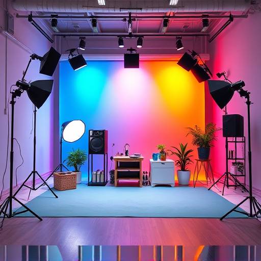 Interior view of Studio C with colorful backdrops and specialized lighting for product photography