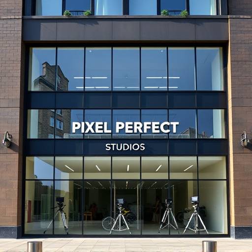 The exterior of Pixel Perfect Studios, showing a modern building facade in London with large windows displaying photography equipment.
